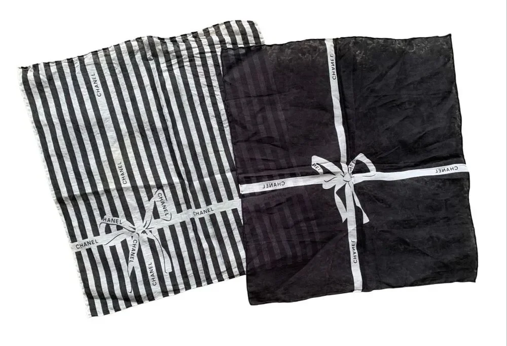 2 CHANEL VINTAGE black white COTTON handkerchief POCKET SCARF SET 16 x 16